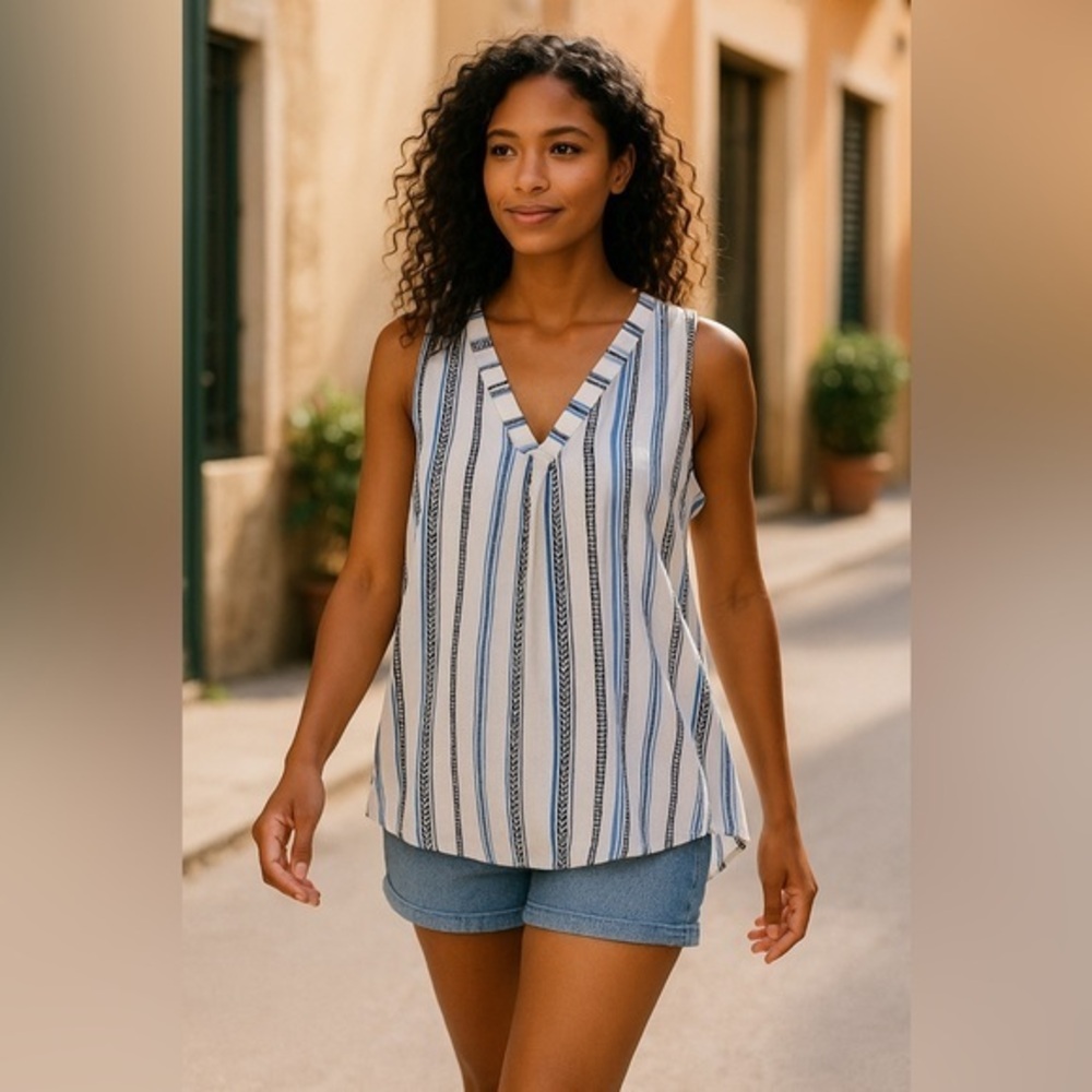 Mine Blue Striped Boho V-Neck Tank – Effortless Summer Coastal Style NWT L #2027